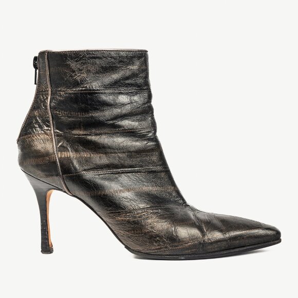 Manolo Blahnik Brown Eelskin Pointed-Toe Booties - Picture 1 of 10